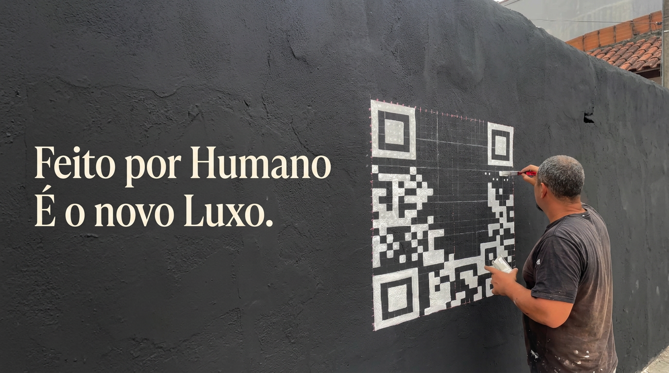 Dan pintando à mão um QR code branco num muro preto, com a frase Feito por Humano, é o novo luxo