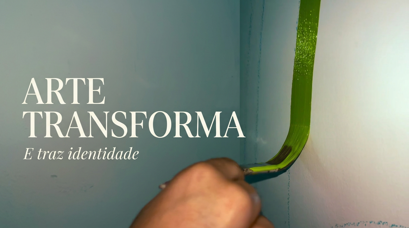 Pincel puxando uma faixa verde vibrante na parede, com a frase Arte transforma e traz identidade