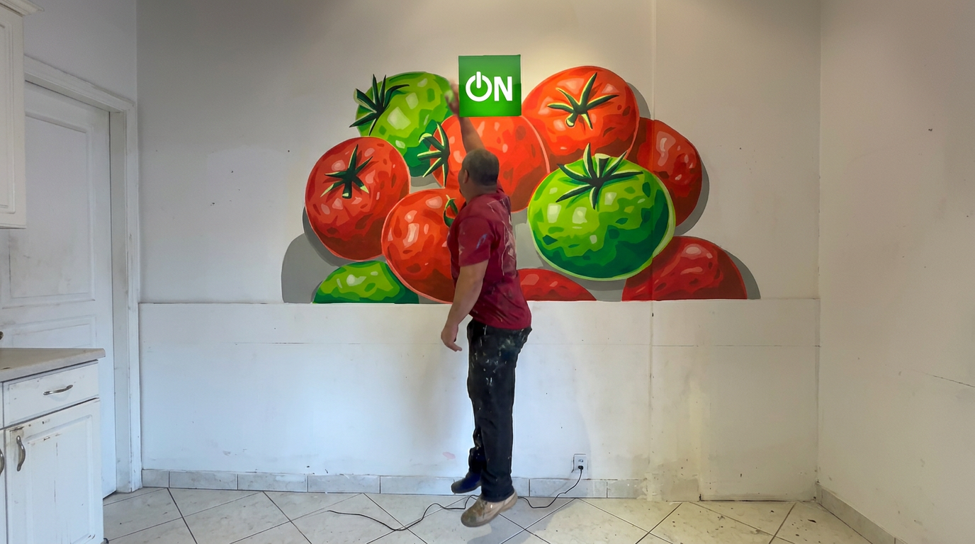 Dan pintando um mural de tomates vermelhos e verdes na parede de um mercado
