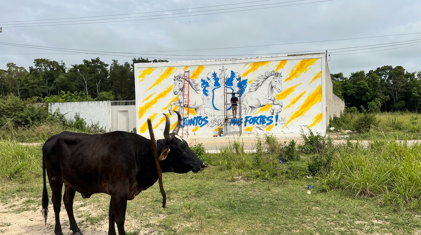 Mural com cavalos e a frase Juntos somos mais fortes, com um boi pastando em primeiro plano